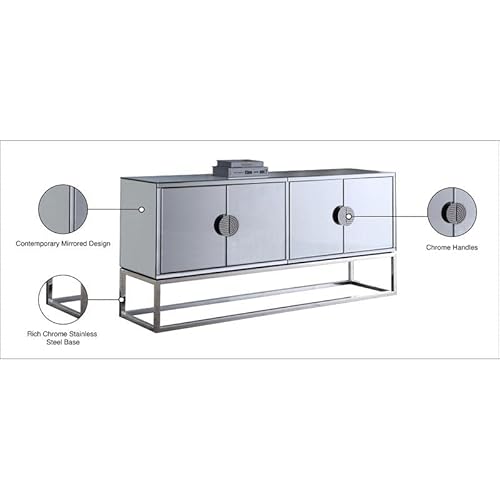 Meridian Furniture Marbella Collection Modern | Contemporary Mirrored Sideboard Buffet, Polished Chrome Stainless Steel Base, 64" W X 16" D X 31" H, Cabinet #TOP5
