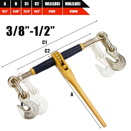 Image of 3 /8-1 /2 inch Ratchet Load Binder G70 9200Lbs for Flatbed Trailer, 4Pk | G70 steel binder, 9200lbs working load, grab /slip hooks, zinc-dichromate rust-proof, secures cargo on flatbed /trailer, 4pk