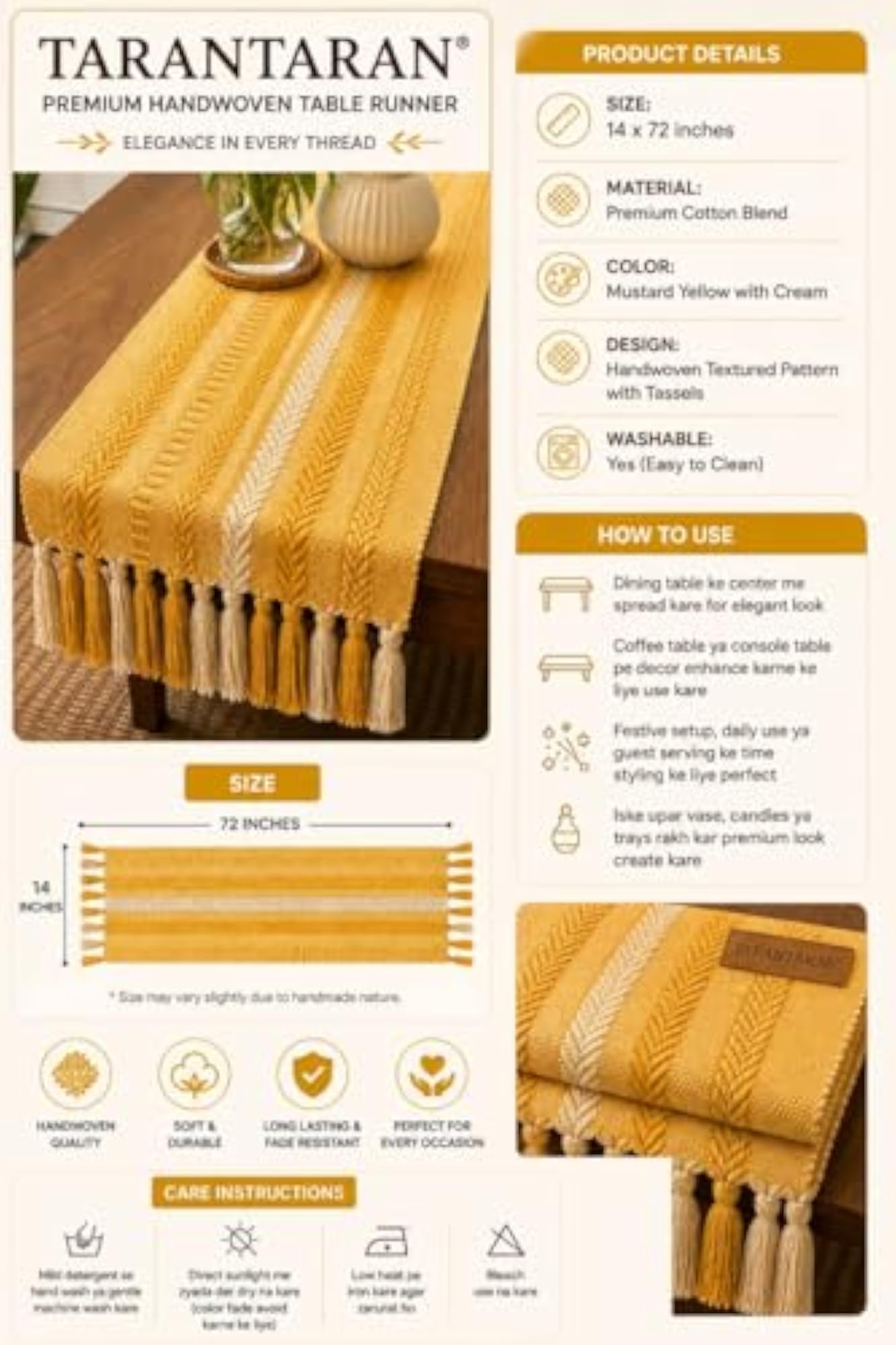 Mustard Yellow Dining Table Runner with Tassels, Decorative Boho