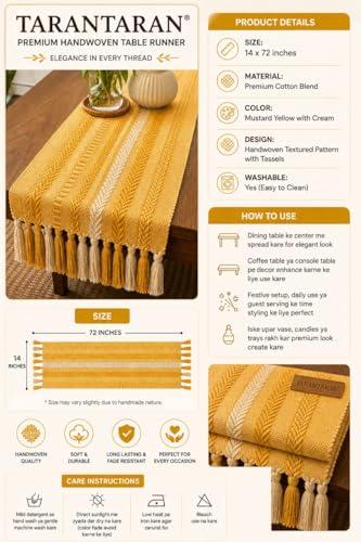 Image of TARANTARAN Mustard Yellow Boho Table Runner | Cotton Macrame Dining Table Cover with Tassel Fringe