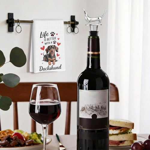 Image of Cute Dachshund Kitchen Towels with Wine Bottle Stopper 24x14 Inch, Dachshund Gifts Reusable Dish Towels for Kitchen Bars Decor, Wine Gift Weiner Dog Gifts for Women Men Christmas Birthday Gift