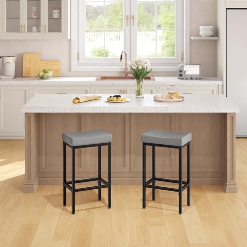 Image of HOOBRO Bar Stools Set of 2, 24.8 Inches Bar Chairs, Counter Height Stools, Saddle Barstools with Curved Surface, 2.4 inch Thick Upholstery, for Kitchen, Dining Room, Gray and Black BG10BY01