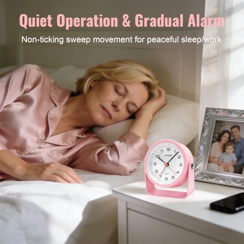 Image of Lamisola 3.5 Inch Small Desk Battery Clock, Pink Alarm Clock for Girls | Travel Clock for Bedroom Bathroom Table Shelf Bedside Cute Metal Vintage Silent Night Light Snooze for Kids Seniors