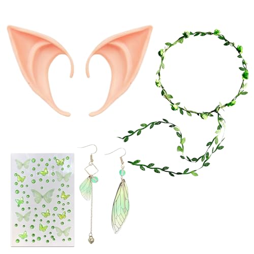 Snyvpra Elfenohren Set 4-teilig – Elf Ears mit Blätter-Haarband, Ohrringen & Schmetterlings Gesichtsstickern – Perfektes Feen Kostüm Damen & Elfen Kostüm Damen für Fasching, Karneval & Party Snyvpra Elfenohren Set 4-teilig – Elf Ears mit Blätter-Haarband, Ohrringen & Schmetterlings Gesichtsstickern – Perfektes Feen Kostüm Damen & Elfen Kostüm Damen für Fasching, Karneval & Party