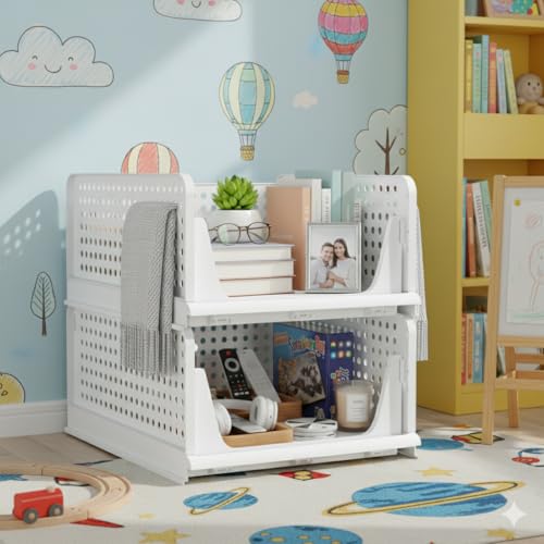 Image of URBAN LUXY Foldable Plastic Rack for Storage /Kitchen Cupboard /Sturdy Wardrobe for Clothes /Multipurpose Storage Organizer /Closet for Bedroom /Living Room /Laundry (FOLDABLE STACKABLE BASKET-WHITE, 2PCS)