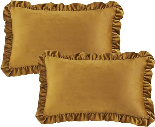 Image of Amazon Brand - Umi Velvet Brown 12x20 Pillow Covers, Set of 2 Decorative Ruffle Cushoin Pillow Covers for Sofa Couch