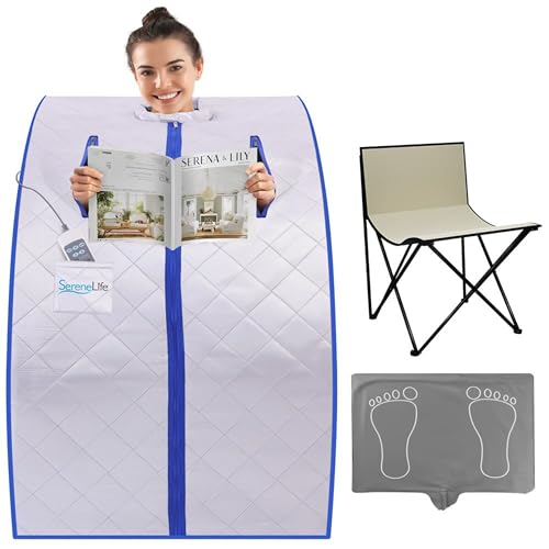 SereneLife Portable Sauna Box for Home, Infrared Sauna Tent with Heated Foot Pad and Folding Chair, Remote Control In-Home Spa, 38' x 32”