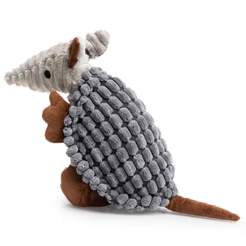 Image of Hollypet Plush Dog Squeaky Toy Stuffed Armadillo Animal Pet Puppy Chew Toys with Clean Teeth for Small Medium Large All Breed Sizes Dogs, Dark Gray, 8 in