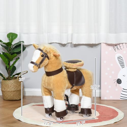 Qaba Ride on Horse, Plush Walking Horse Toy, Kids Riding Chair with Wheels for Kids 3-8 Years, Light Brown - Thumbnail 7