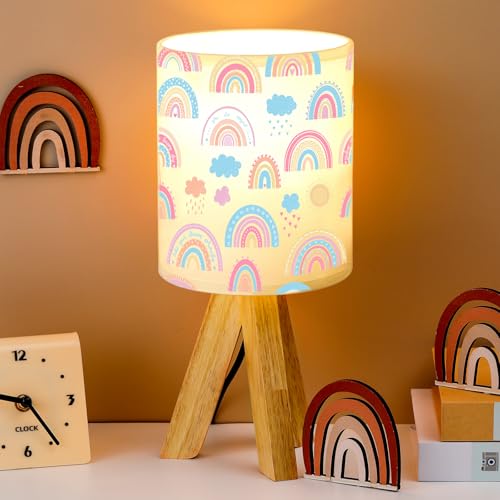 Image of VIHOSE Rainbow Kids Tripod Table Lamp for Bedroom Kids Bedside Lamp with Linen Wooden Nightstand Cartoon Nursery Lampshade for Girls Boys Living Room
