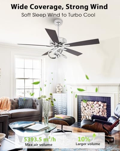 Image of 52 Inch Ceiling Fans with Lights, Creative Modern Silver Ceiling Fan and Remote, 3CCT, 6 Speeds, Quiet, Dual-Sided Reversible 5 Blades Indoor Outdoor Chandelier Fan for Bedroom Living Room