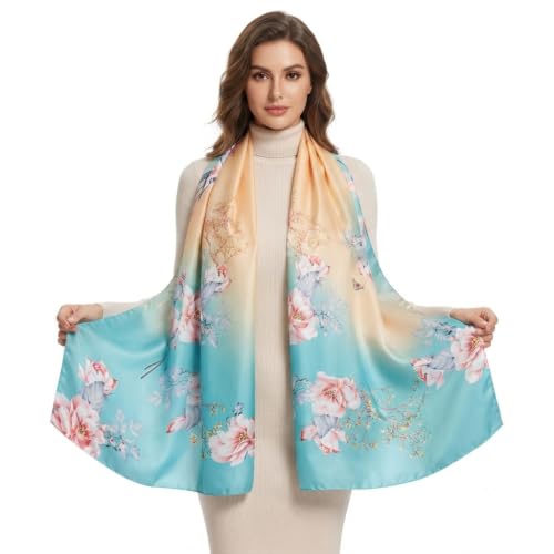 Image of Women's Floral Printed Silk Scarf | Premium Soft Lightweight Stole & Shawl | Fashion Neck Wrap for Wedding, Evening, Travel & Daily Wear | 180 x 90 cm