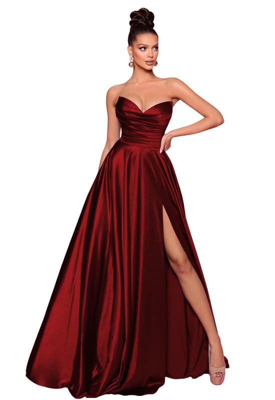 Women's Satin Prom Dresses Long Strapless Pleated Bridesmaid Dress A-Line Formal Evening Gowns with Slit