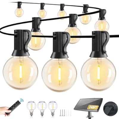 240FT Solar String Lights Outdoor Waterproof with Remote, G40 Solar Powered String Lights with 80+3 LED Shatterproof Bulbs, Dimmable Solar Patio Hanging Lights for Outside Backyard Party