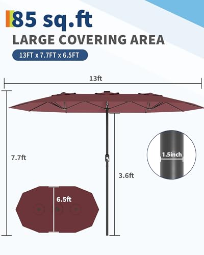 13FT umbrella outdoor patio,Double-Sided Rectangle Umbrella Oversized Shade for 2-6 People, Fade Resistant Canopy for Deck Pool Garden Backyard (Wine Red, 13FT)