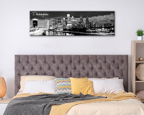 Image of DJSYLIFE Philadelphia Skyline Canvas Art, 13.8 inchx47.3 inch, Black & White | Cityscape Wall Decor, Modern Panoramic Night View Print, For Living Room, Office, Bedroom, Ready to Hang
