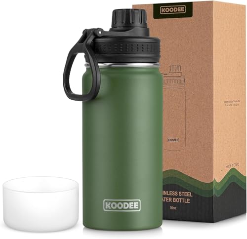 Image of koodee 16 oz Water Bottle Stainless Steel Double Wall Vacuum Insulated Wide Mouth Water Bottle with Leakproof Spout Lid-Reusable Metal WaterFlask BPA Free (Grass Green)
