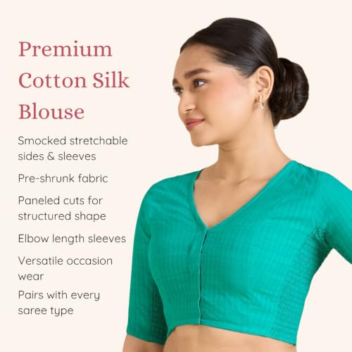 Image of Studio Shringaar Women Cotton Half Sleeve Madras Checks Saree Blouse with Stretchable Sides