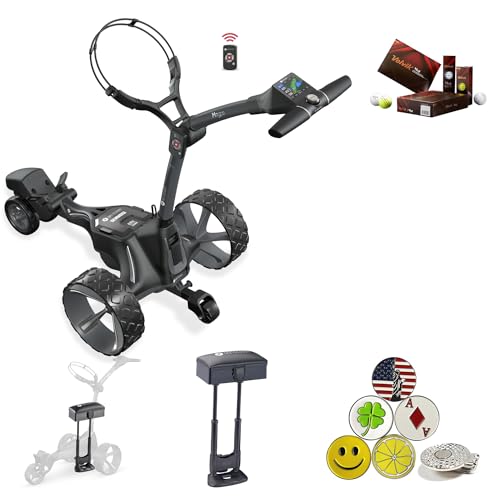 AMBA7 Motocaddy M7 GPS Remote Touchscreen Electric Cart Bundle with Holders for Umbrella/Scorecard/Drink, Device Cradle, M Series Caddy Seat, 1 Dozen Volvik Golf Ball, 5 Ball Markers