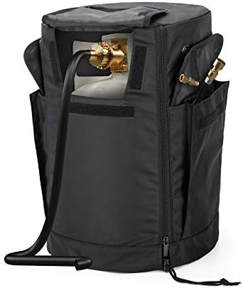 SAMDEW 20 lb Propane Gas Tank Cover with Side Flip Flap and Stable Tabletop Feature, 2 Storage Pockets, Ventilated with 4 Holes, Water & Wear-Resistant, Black, Bag Only