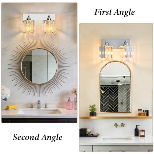 Image of Brushed Chrome Crystal Bathroom Vanity Light, 2-Light Modern Bathroom Lighting Fixtures Over Mirror,Chrome Wall Sconce Light Fixtures with Square Shade