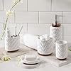 RQYIXI Elegant 5 PCS Ceramic&Wood Bathroom Accessories Set:Soap Dispenser,Toothbrush Holder,Tumbler,Soap Dish,Cotton Swab Jar,Easy to Clean,Quatrefoil Pattern,White-Affordable Home Luxury #4