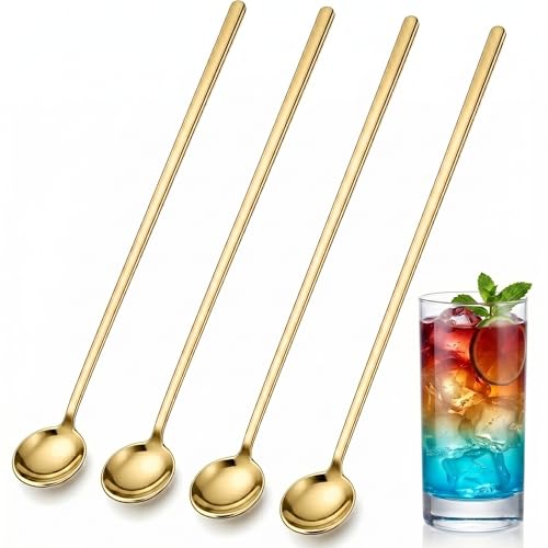 4-Pack Gold Coffee Spoons, 9.4 Inch Long Handle 304 Stainless Steel Tea Stirring Spoons for Espresso, Iced Tea, Home and Café Bar Accessories