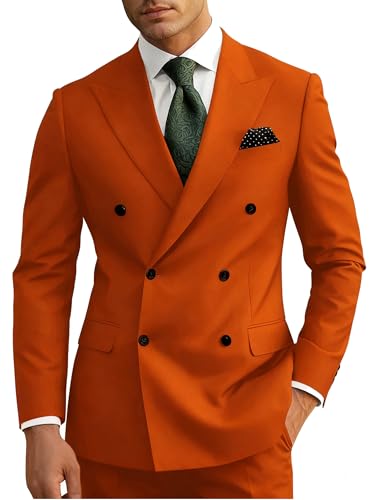 Wangyue Traje de hombre de doble botonadura para hombre, ajuste delgado, 2 piezas, boda, graduación, blazer de doble botonadura, conjunto de pantalones de novio, Naranja, XX-Large