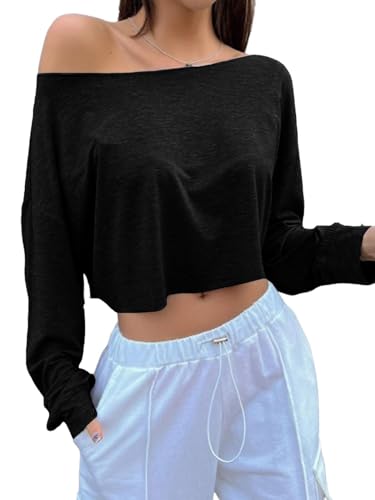 Avanova Women Off The Shoulder Crop Tops Long Sleeve T Shirts Oversized Loose Tee Black Medium