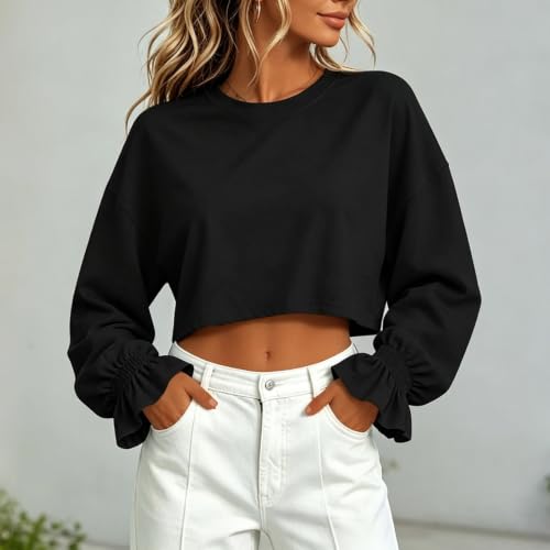 JiXiang Cropped Sweatshirts for Women Crewneck Ruched Long Sleeve Pullover Tops Oversized Workout Casual Y2K Going Out Shirts - image 3
