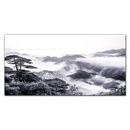 Décoration murale forêt de montagne en brume pour salon apaisant 100x50