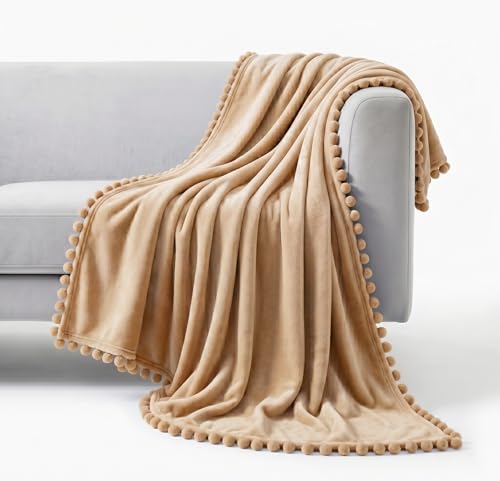 Image of SANMARINO 250 GSM Flannel Blanket for Single Bed | Ultra Soft Velvet Touch Throw Blanket with Decorative Pom Pom Fringe | Lightweight & Breathable All-Season /Mild Winter -152x228 cm,Pink