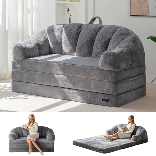 Image of MAXYOYO Folding Sofa Bed, 2 in 1 Convertible Sofa to Lounger Comfy Loveseat Bean Bag Chair for Adults, Floor Couch with Handle, Faux Fur Couch Bed for Living Room Bedroom, Grey, Loveseat