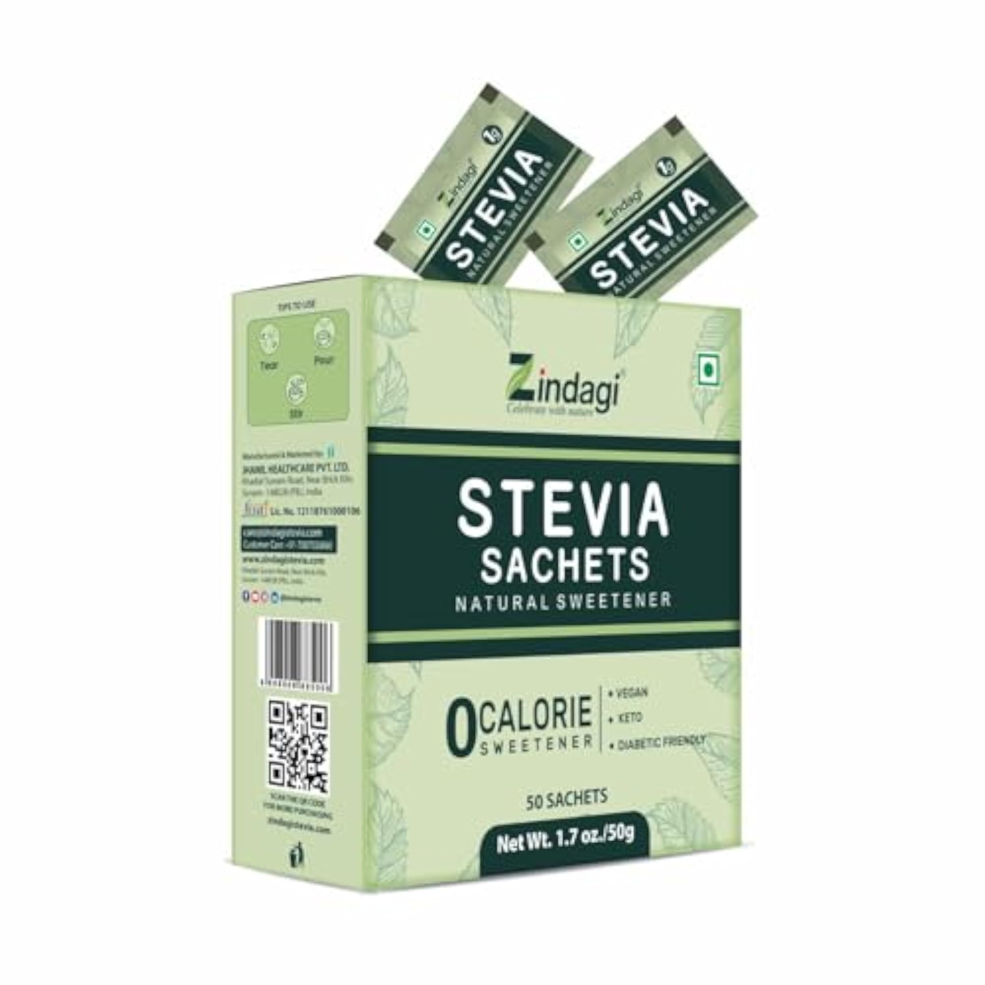 Stevia Sugar Powder Sachets, 100% Natural Sweetener, 100 Sachets