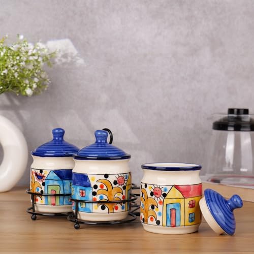 Image of Niyara Handcrafted Ceramic Pickle Jar Set, Premium Metal Tray & Lids - Multipurpose Storage for Pickles, Chutneys, Spices & Condiments (Set of 3, 300 ml with metal tray, home print)