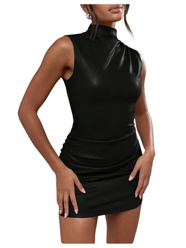 Milumia Women's Ruched Mock Neck Sleeveless Leather Dress Sexy Night Out Mini Dresses