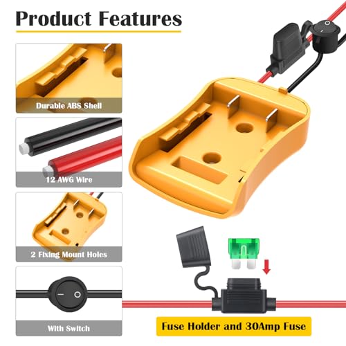 Image of 2 Packs Adapter for Dewalt 20V Battery Adapter for Power Wheel Battery Upgrade Conversion Kit with Switch, Fuse & Wire Terminals, 12AWG Wire, Power Tool Power Connector for DIY Rc Car Toys