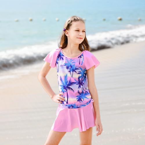 Image of Girls Rash Guard 2 Pieces Bathing Suit UPF50+ Swimsuit with Swimming Skirt Swimwear 2-14Y