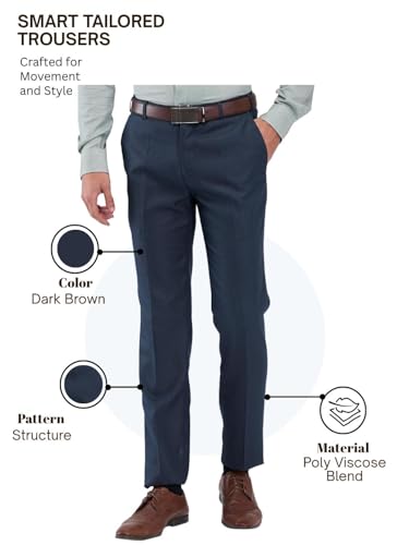 Image of Raymond Men's Slim Fit Mid Rise Structure Pattern Poly Viscose Blend Flat Front Formal Trouser