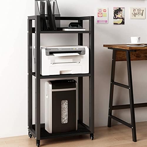 Natwind 3-Tier Movable Printer Stand with Storage Black Rolling Floor-Standing Deskside Shredder Computer Host Stand Adjustable Storage Shelf Rack on Wheels for Office Supplies Fax Scanner File Book