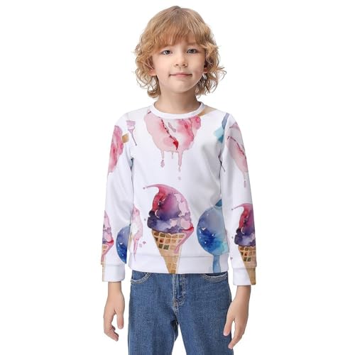 Watercolor Ice Cream in Waffle ConesChildren's Casual Pullover Sweatshirt Loose Fit9-11Y