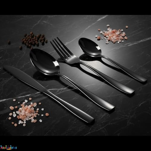 Image of Mirror Polished Black 12 Pcs Stainless Steel Cutlery Set for Dining Table, Dishwasher Safe Glossy Flatware (3 Spoon Set + 3 Forks Set + 3 Butter Knife + 3 Dessert Spoon)