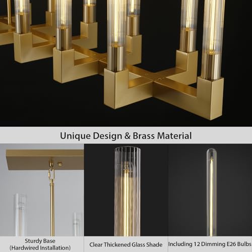 54'' Brass Rectangular Chandeliers for Dining Room,12-Lights Modern Farmhouse Chandelier with Knurled Glass Tube,Gold Linear Chandeliers Dining Room Over Table Rectangle Kitchen Island Pendant Light