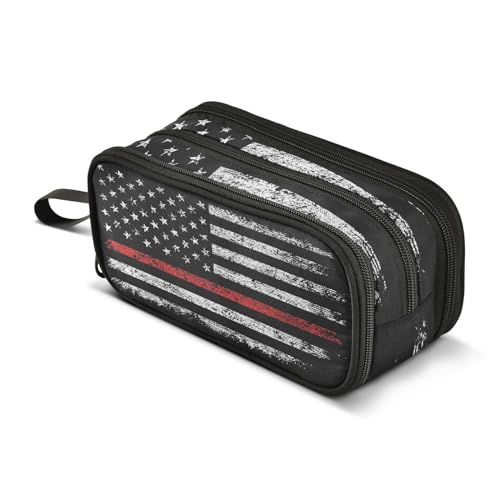 Image of Firefighter American Flag Pencil Case Big Capacity Handheld 3 Compartments Pencil Pouch Portable Large Storage Canvas Pencil Bag for Boys Girls Adults Students