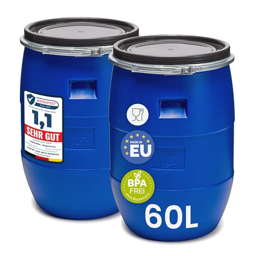 Garronda Set de 2 Piezas de 60 litros Barril alimentario, depósito de Agua, Barril de Boca Ancha en HDPE y sin BPA, tonel de jardín, contenedor de Alimentos para Animales, Universal GD-0122, Azur