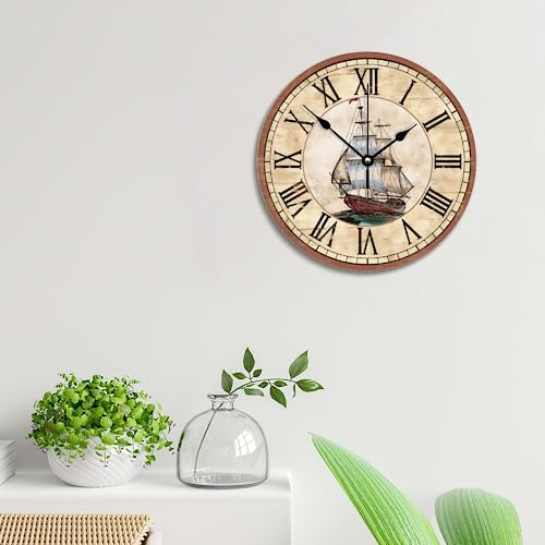 Godblessign Vintage Sailboat Clock Nautical Wall Clock Silent Non-Ticking Wooden Wall Clock Battery Operated Beach Ocean Wall Decor Rustic Home Decor For Living Room Kitchen Home Bedroom 10 Inch #TOP4