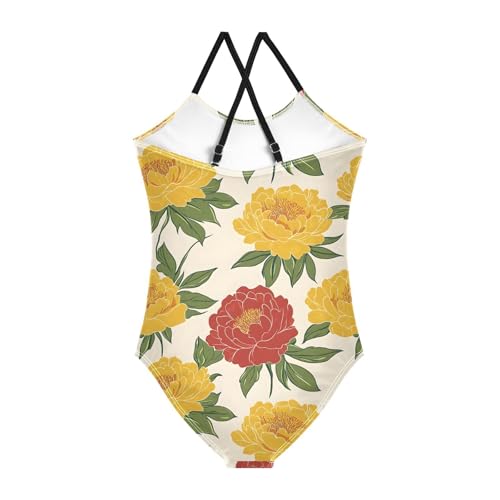 Red and Yellow Flowers Girls One Piece Swimsuits Quick Dry Beach Swimwear Bathing Suit2