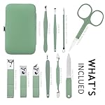 Manicure Set 10 in 1 Stainless Steel, Nail Clippers Scissors Pedicure Tools Kit - Portable Travel Grooming Kit for Men and Women with Leather Case (Jade Green) - Image 2