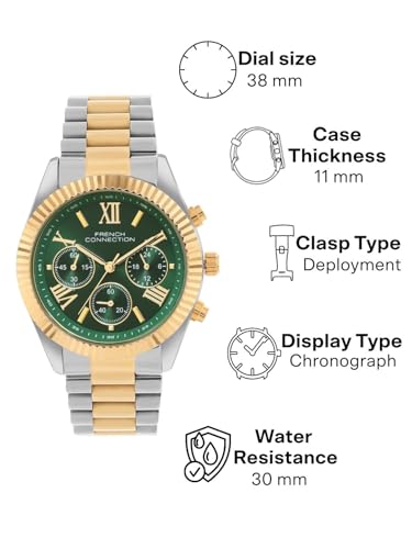 Image of French Connection Chronograph Green Round Dial Stainless Steel Strap | Casual | Premium | Sunray Feature | Wrist Watch for Women - FCM06NTM