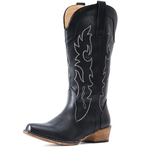 Image of IUV Cowboy Boots for Women Mid Calf Fashion Cowgirl Boots with Embroidery Western Snip Toe